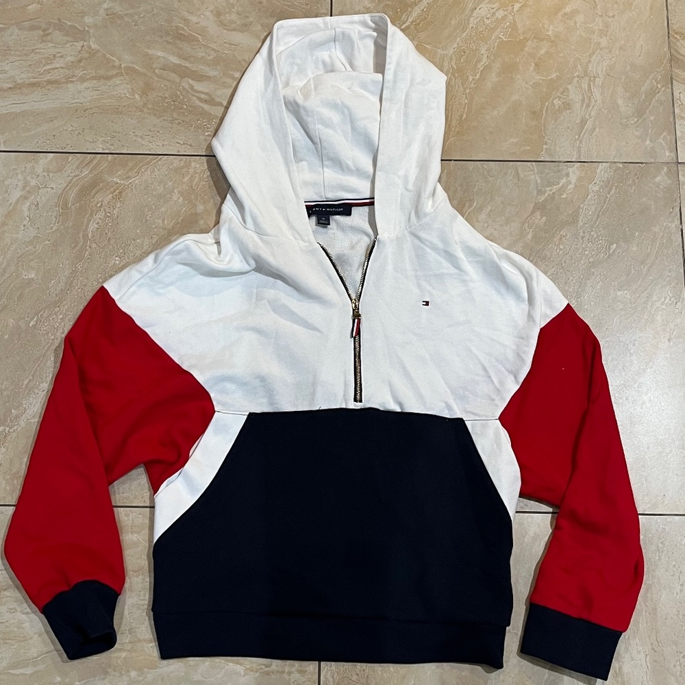 Tommy Hilfiger white red blue quarter zip jacket sweater pullover hoodie medium